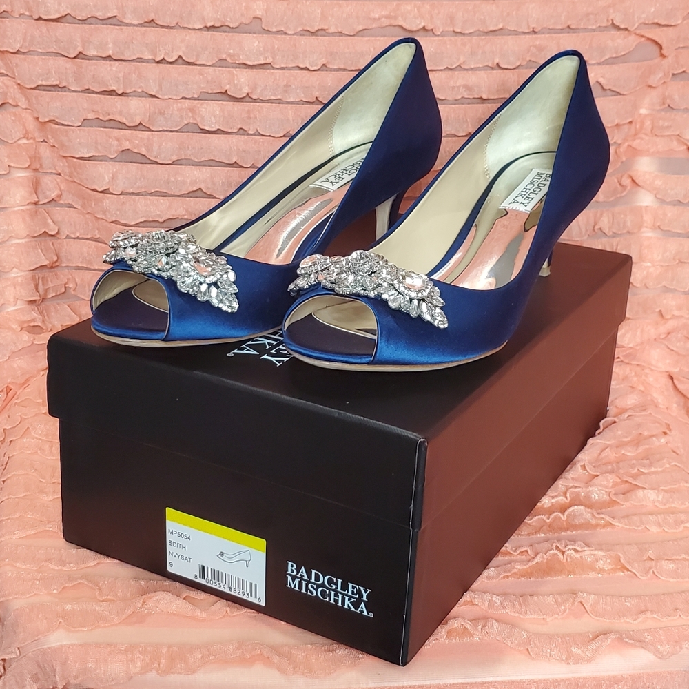 Satin Navy Peep toe Kitten Heel Pumps
